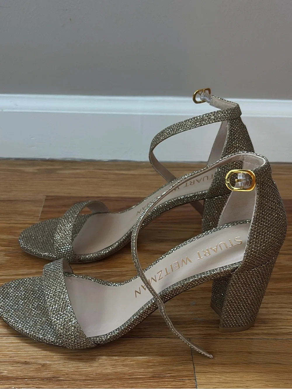 Stuart Weitzman Gold Glitter Strappy Block Heel Sandals